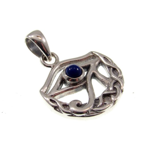 Solid 925 Sterling Silver Eye of Horus With Celtic Crescent Moon Pendant, Lapis - Picture 3 of 5